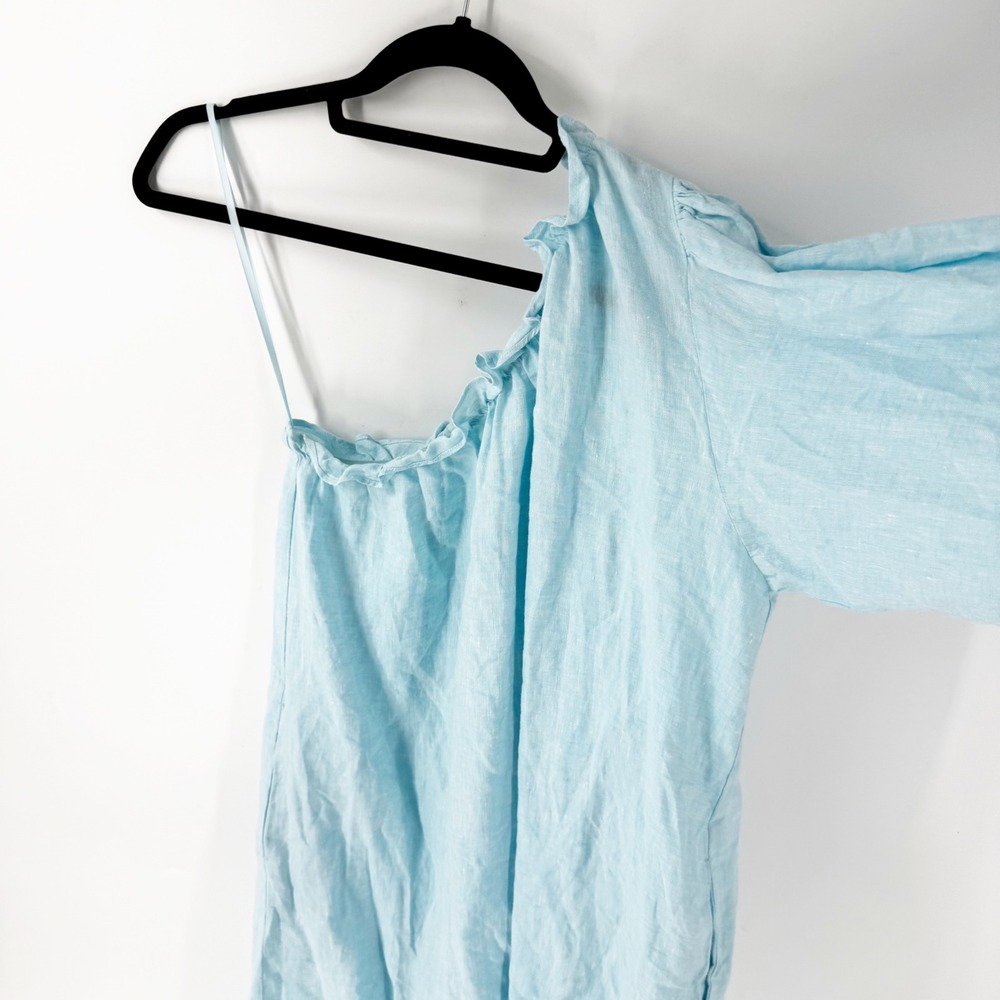 LAKE Women Light Blue 100% Linen One Shoulder Puff Sleeve Pocket Dress Small - Picture 3 of 8